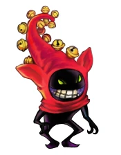 An image of the imps from the game GrimGrimore. They are small, pure black creatures wearing a large red elf-like hat. The hat is large enough to cover not only their heads but their bodies.