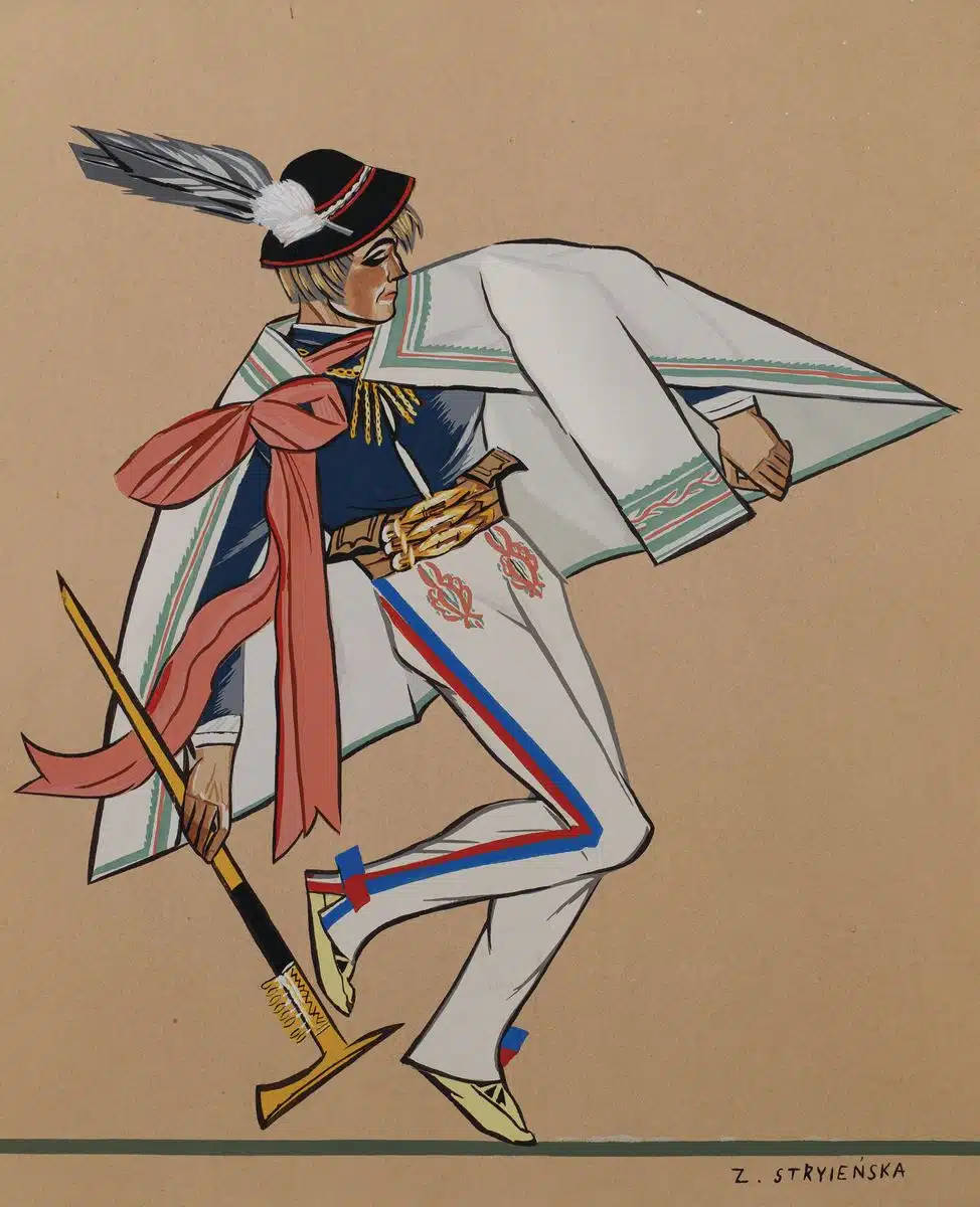 An illustration of a dancing man in traditional Polish clothing.