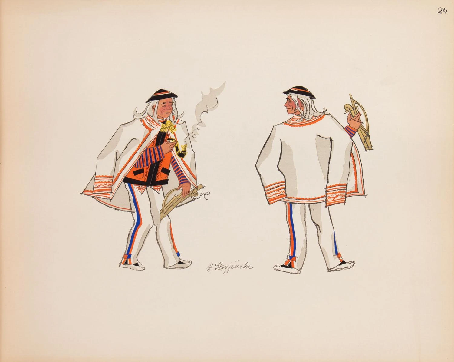 Two illustrations of a man in traditional Polish clothing, front and back. His outfit is similar to the one Anthony wears in the story.