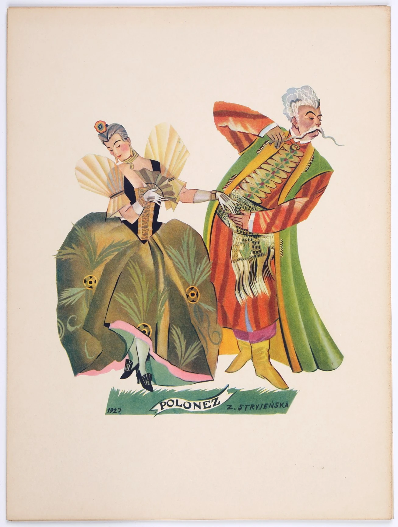 An illustration of a dancing man and woman in traditional Polish clothing. Underneath is the caption Polonez.